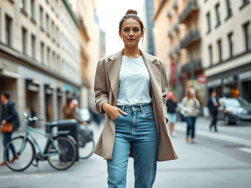 Kobieta w oversize’owej marynarce na T‑shircie i jeansach, stojąca na miejskim chodniku, prezentuje minimalistyczny street style.