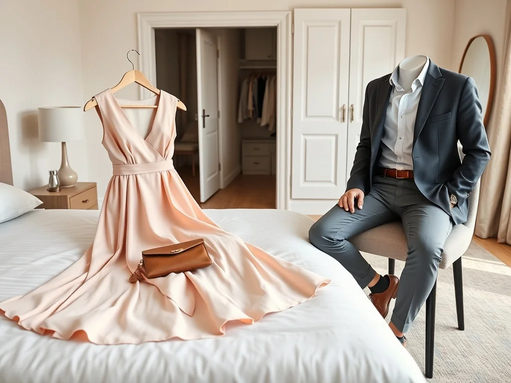 Eleganckie stylizacje na poprawiny ułożone na łóżku: pastelowa sukienka, marynarka z chinosami, buty, biżuteria i dodatki.