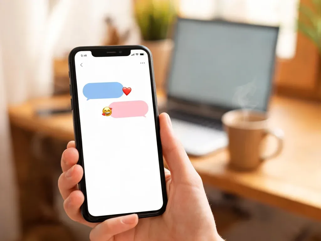 Smartfon z kolorowym czatem i reakcjami emoji, ilustrujący młodzieżową komunikację online i użycie skrótu „fr”.
