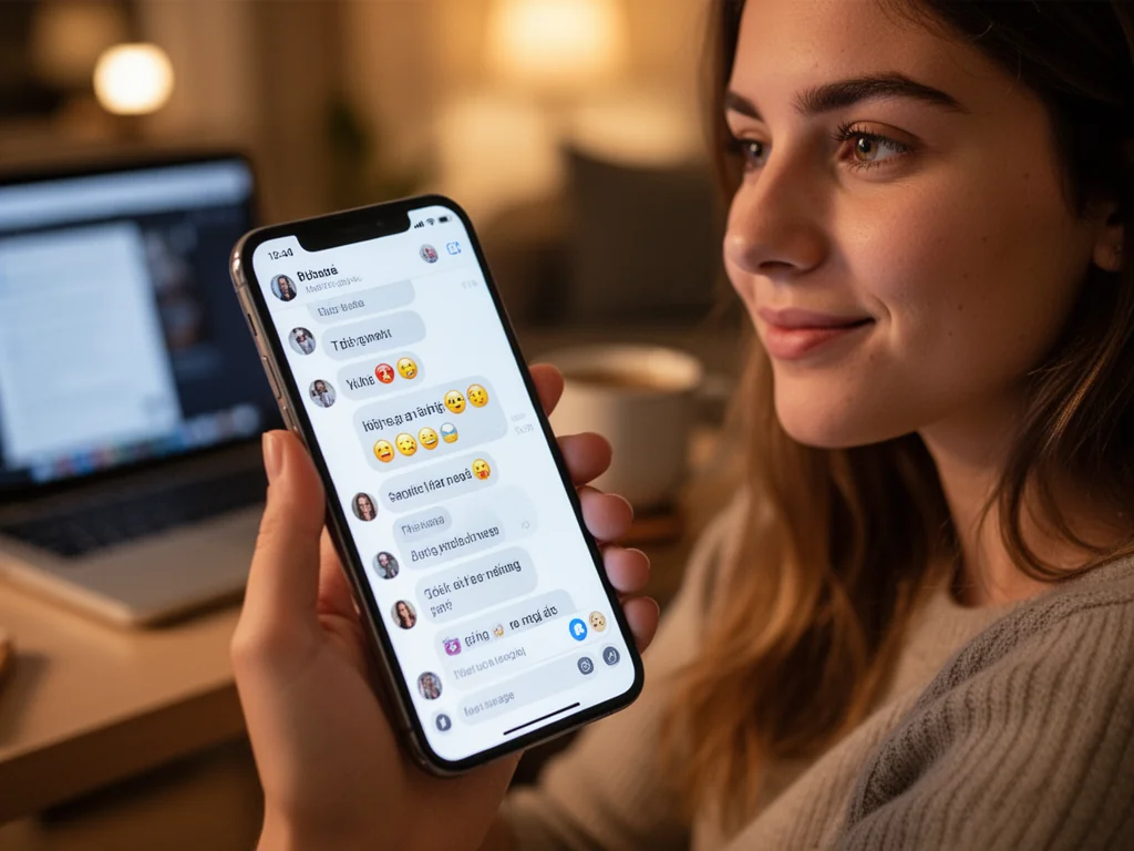 Młoda kobieta patrzy na smartfon z pełnym slangu czatem, ilustrując znaczenie skrótu „iykyk” w internetowych rozmowach.