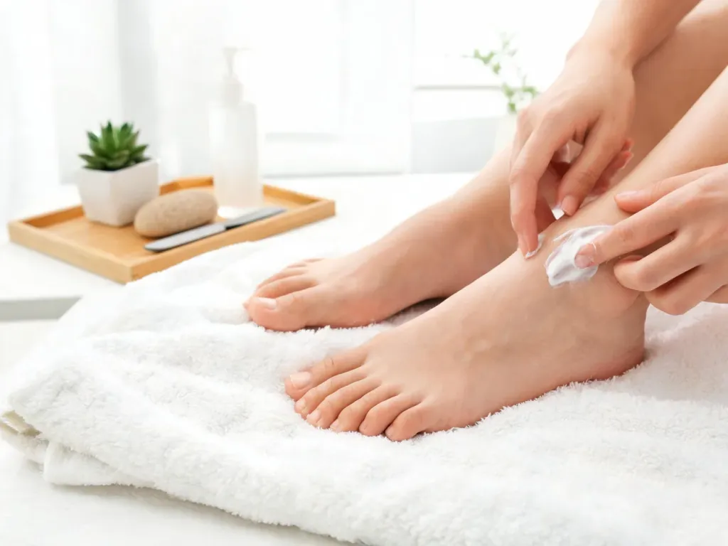 Dłonie nakładają krem na zadbaną piętę stopy, na tle akcesoriów do pedicure, przygotowanie stóp na lato.
