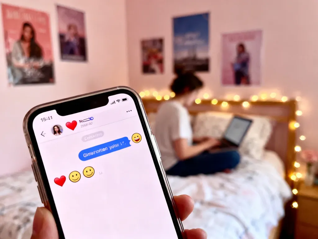 Smartfon z aplikacją pełną serduszek i emotek w przytulnym pokoju, nawiązujący do shipowania par w internecie.