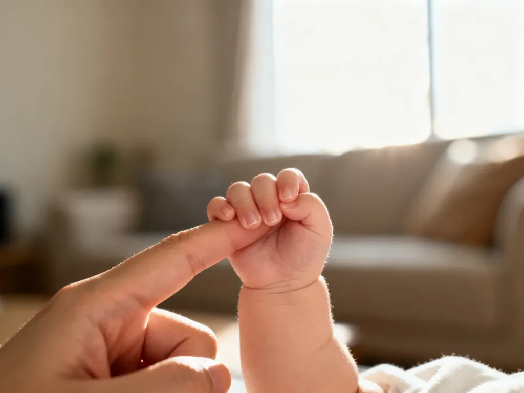 Dłoń niemowlęcia delikatnie trzymająca palec dorosłego, symbolizująca więź i czułość między rodzicem a dzieckiem.