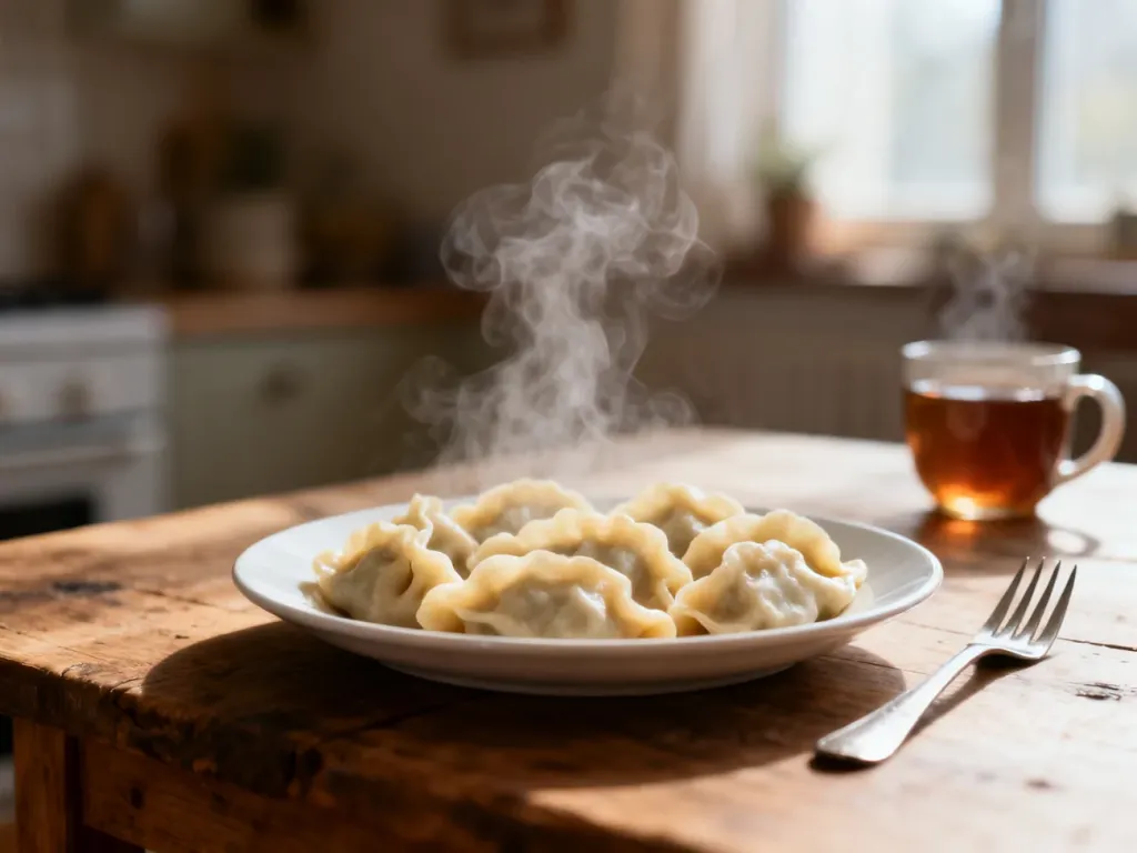 Talerz gorących domowych pierogów na rustykalnym stole, w tle przytulna kuchnia, spokojna, senna atmosfera.