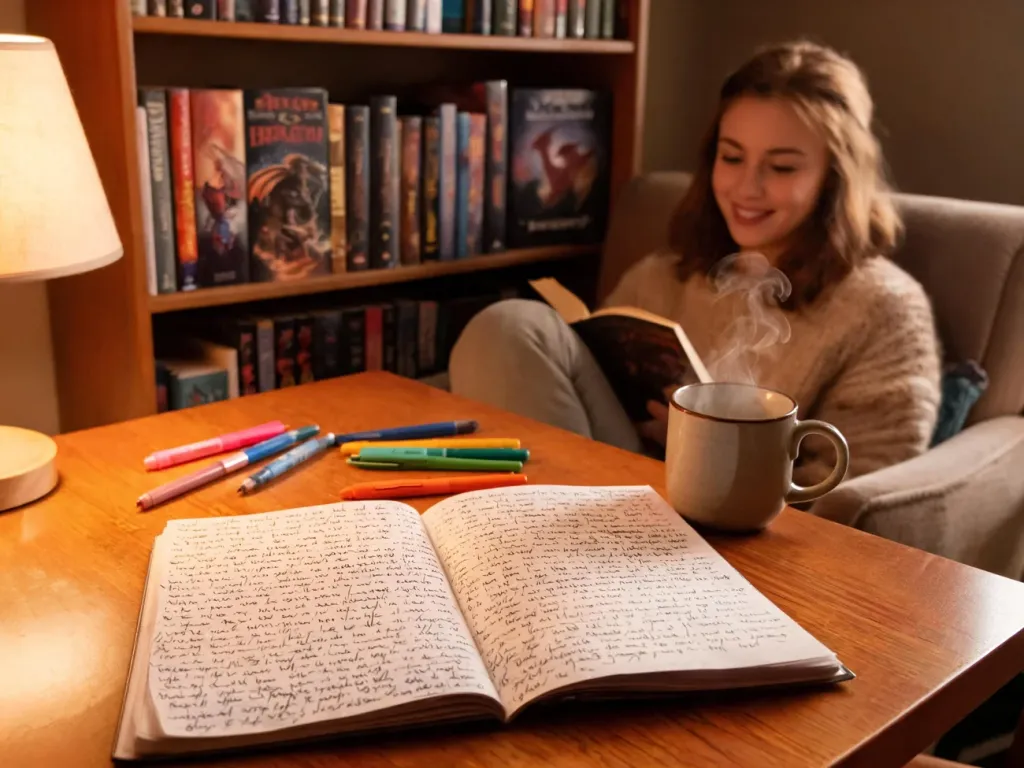 Przytulne biurko z notesem pełnym ręcznie pisanej historii, kubkiem i książkami fantasy w tle, zachęcające do pisania fanfików