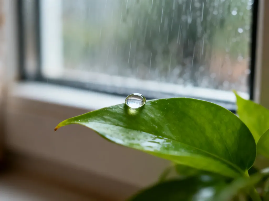 Kropla deszczu na zielonym liściu na tle zamglonego okna, symbolizująca spokój i refleksję.