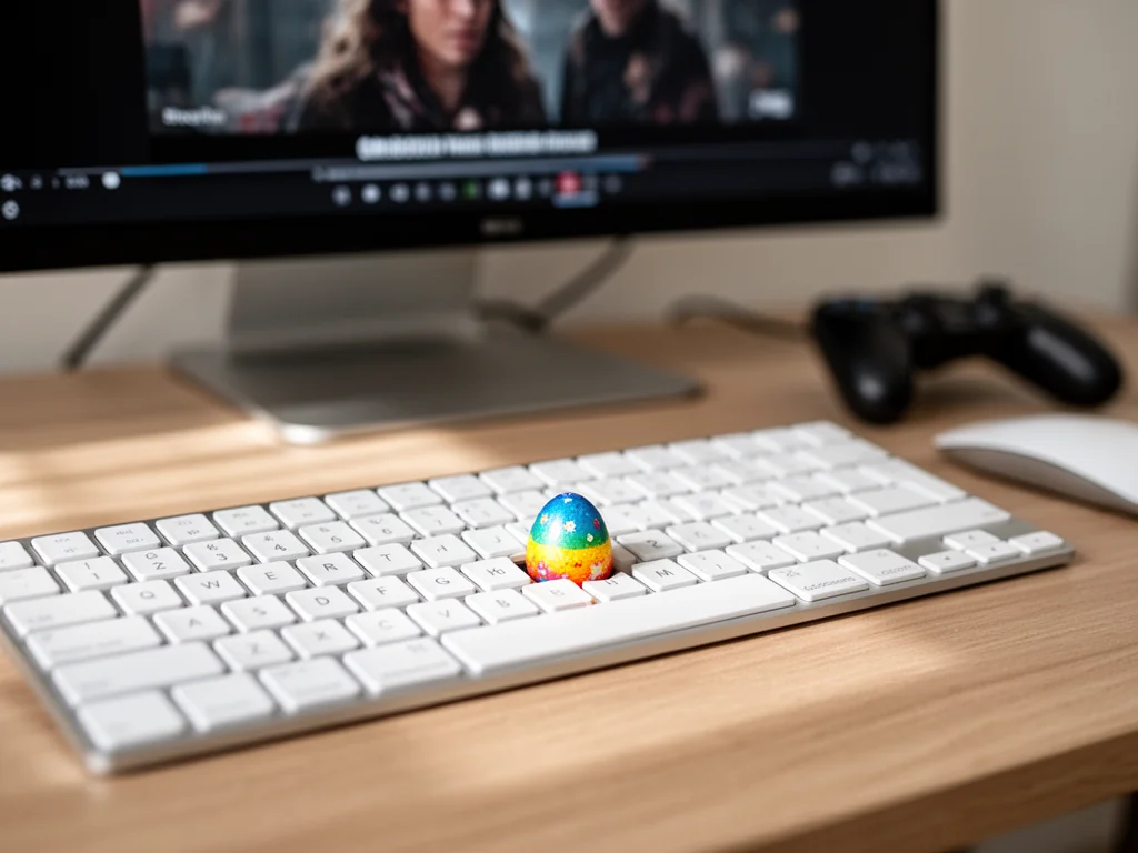 Kolorowe pisankowe „easter egg” sprytnie ukryte między klawiszami klawiatury, nawiązujące do sekretów w grach i filmach
