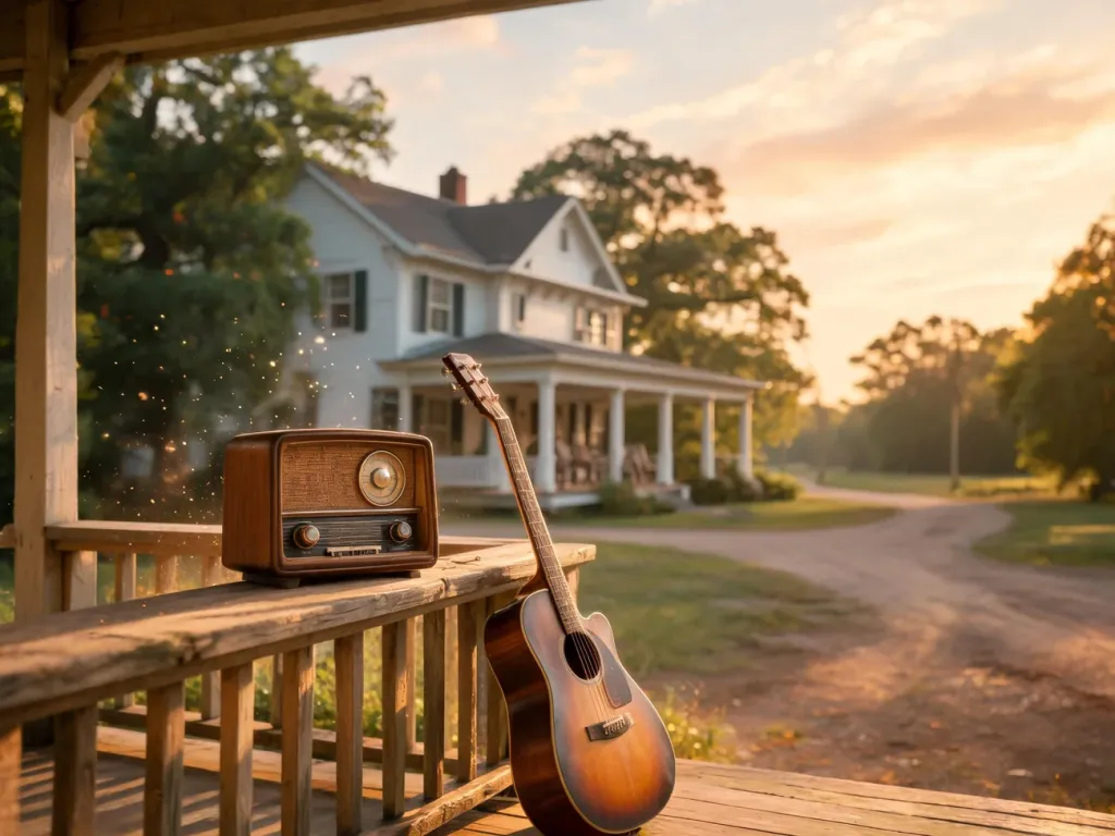 Stara gitara i radio na werandzie wiejskiego domu w USA, nostalgiczny południowy klimat jak w „Sweet Home Alabama”