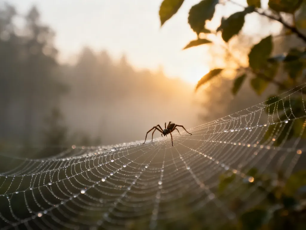Mały pająk na delikatnej pajęczynie w porannej mgle, symbolizujący tajemnicę i naturę snów.