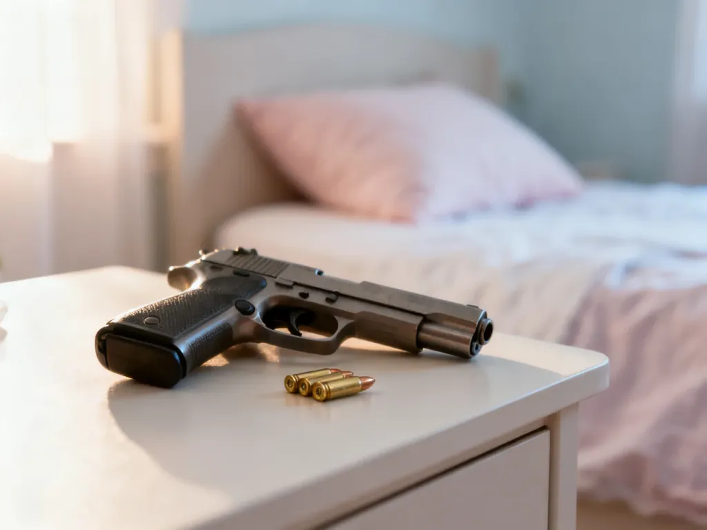 Pistolet i naboje na szafce nocnej w spokojnej sypialni, symbolizujące znaczenie snu o strzelaniu z broni.