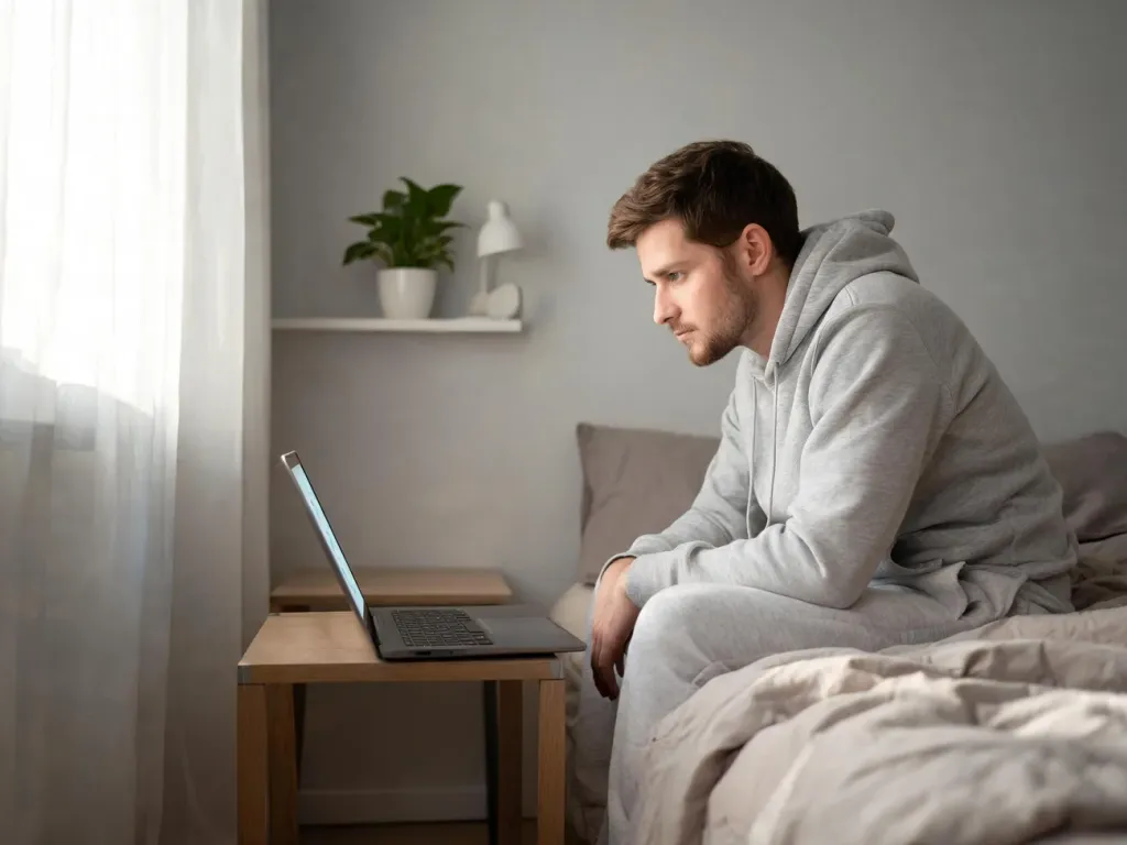 Młody mężczyzna na łóżku skupiony na ekranie laptopa, zastanawia się nad udziałem w wyzwaniu No Nut November.
