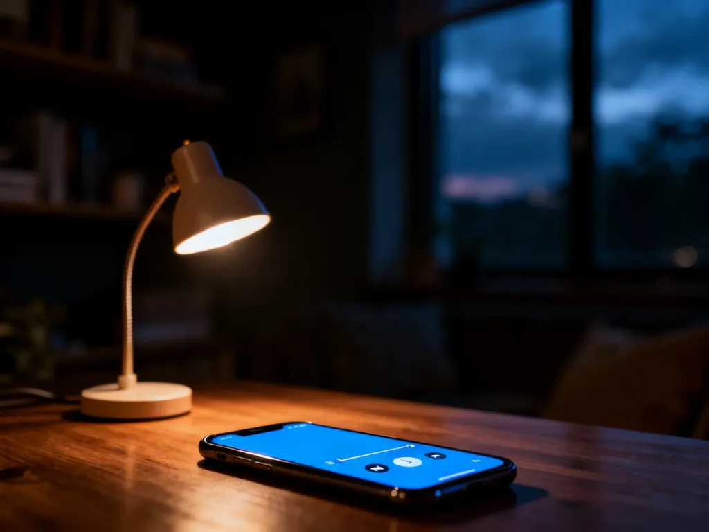 Smartfon z włączonym odtwarzaczem muzyki nocą na biurku, w tle przytulny, przyciemniony pokój i nocne niebo za oknem