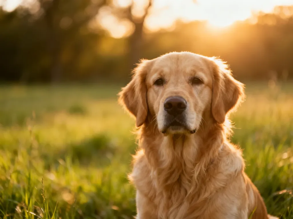 Złocisty golden retriever siedzący spokojnie na nasłonecznionej łące, patrzący łagodnie w stronę obiektywu.
