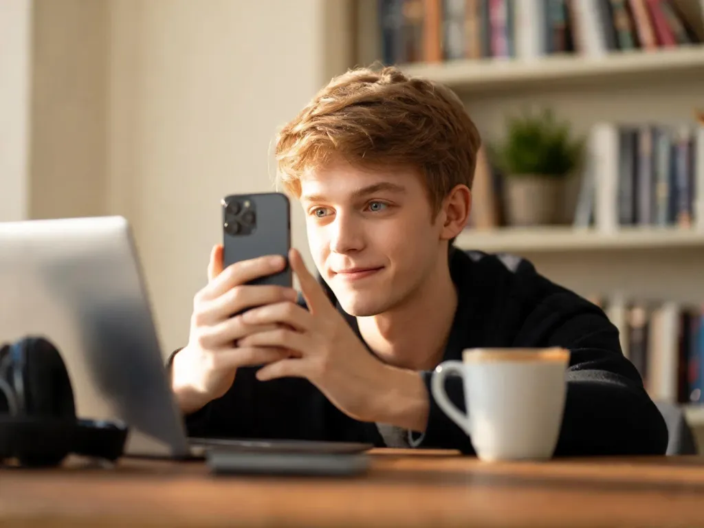 Młody mężczyzna przy biurku patrzy z zaciekawieniem w telefon, szukając znaczenia internetowego skrótu „irl”.