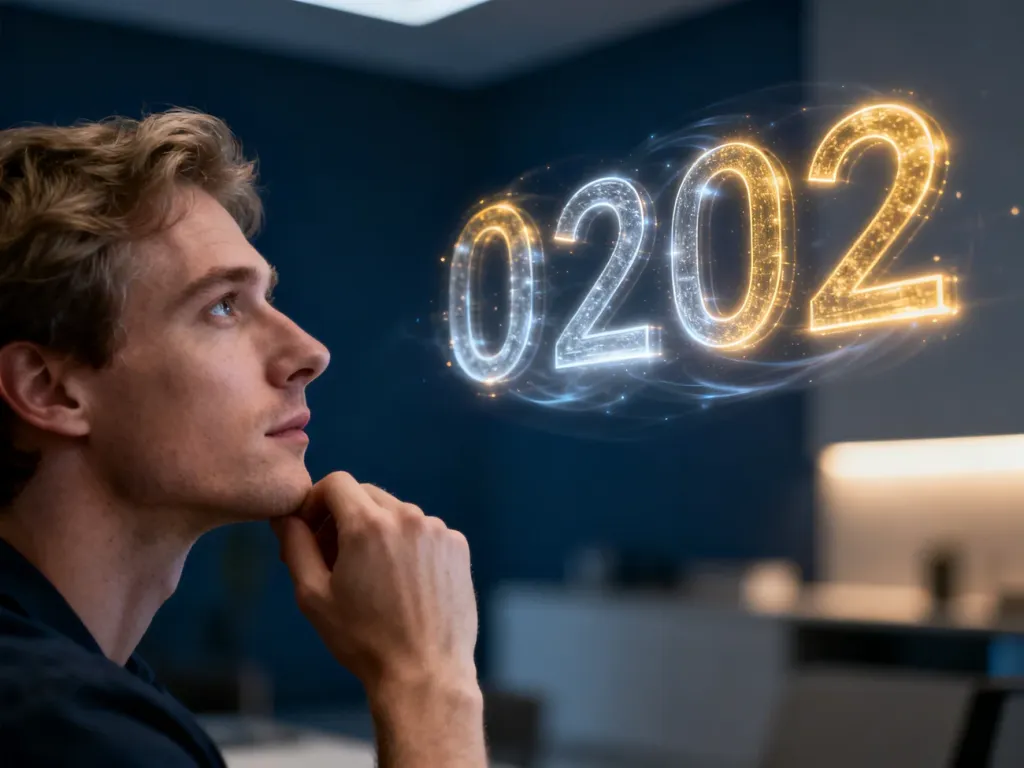 Osoba wpatrująca się w świetlistą projekcję liczby 0202, symbolizującą numerologiczne znaczenie tej daty.