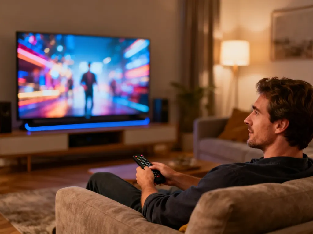 Mężczyzna relaksujący się na kanapie przed telewizorem, wybierający program za pomocą pilota w przytulnym salonie.