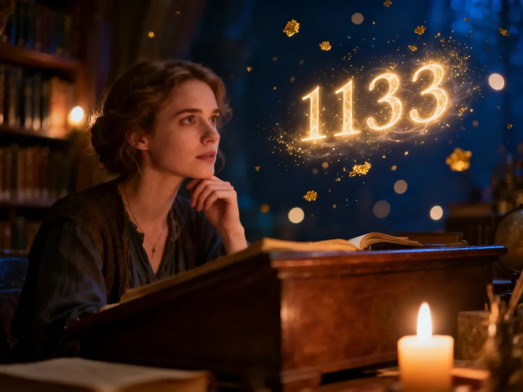 Kobieta w przytulnym gabinecie zamyślona nad eteryczną liczbą 1133, symbolizującą mistyczne znaczenie w numerologii.