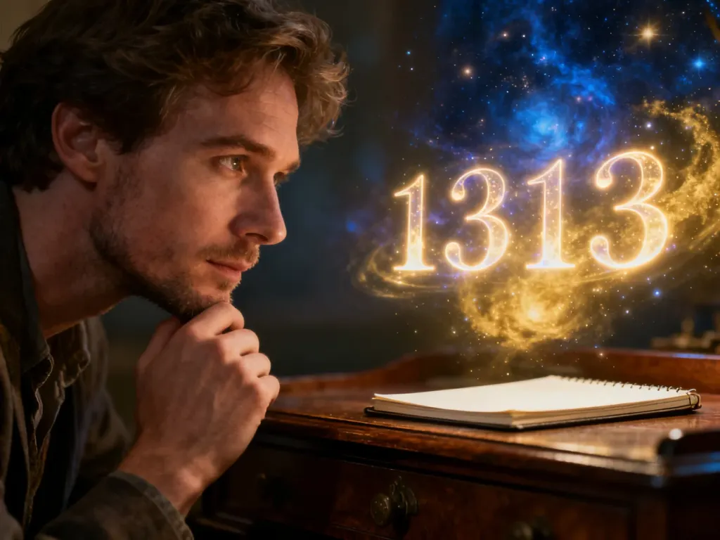 Mężczyzna zamyślony nad unoszącą się w powietrzu liczbą 1313 na tle mistycznej mgławicy.