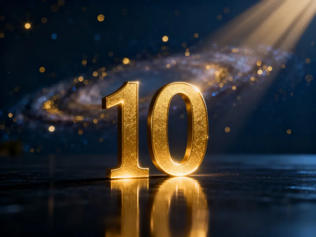 Złota, świecąca liczba 10 na ciemnym, galaktycznym tle, symbolizująca mistyczny i numerologiczny potencjał.