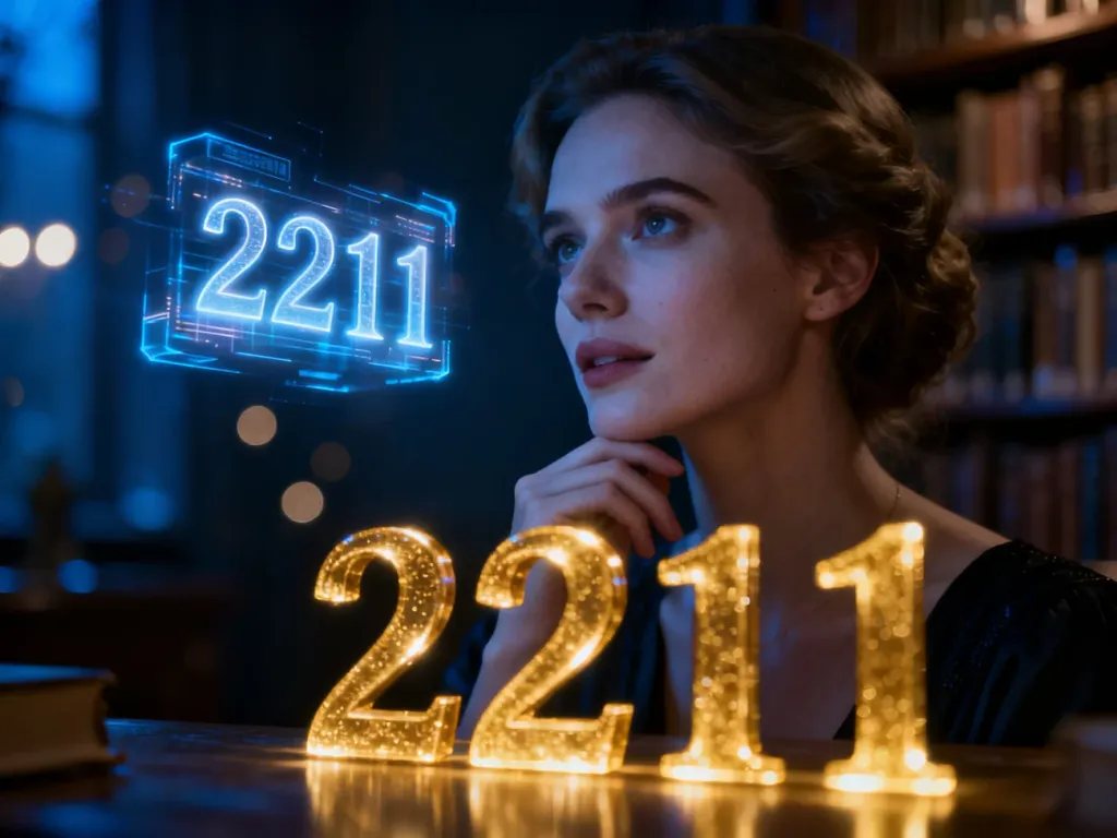 Kobieta zamyślona nad unoszącą się w powietrzu, świecącą liczbą „2211” w klimatycznym, bibliotecznym wnętrzu.