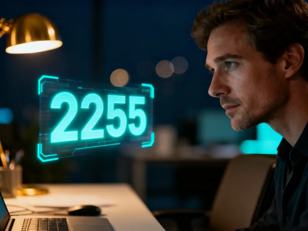 Mężczyzna w nowoczesnym biurze zamyślony nad unoszącą się, świecącą liczbą 2255, symbolizującą znaczenie numerologiczne.