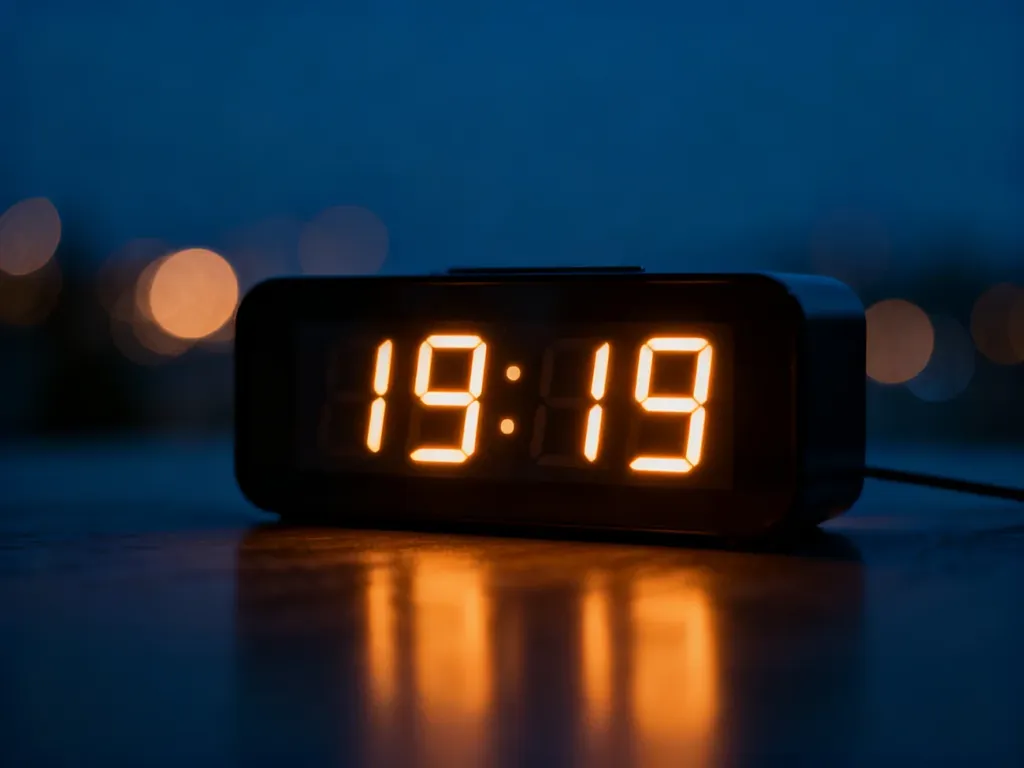 Cyfrowy zegar wyświetlający godzinę 19:19 w neonowym, nastrojowym świetle na rozmytym, głębokim tle.