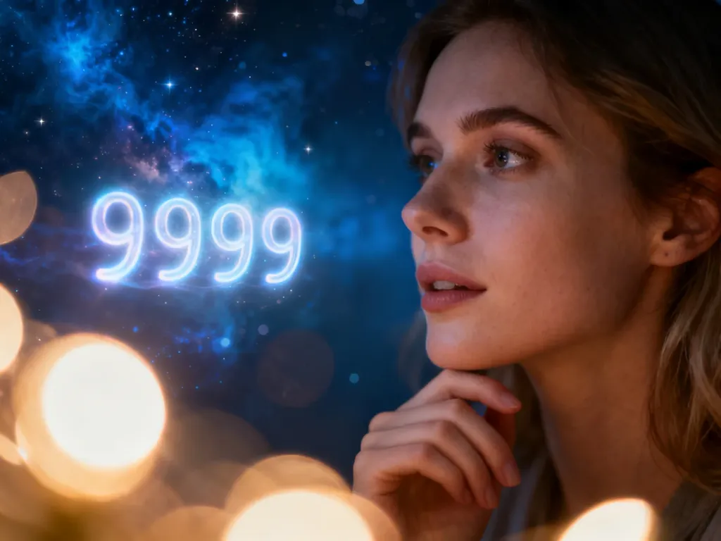 Kobieta zamyślona nad unoszącą się w powietrzu, świetlistą liczbą 9999 na tle kosmicznej mgławicy.