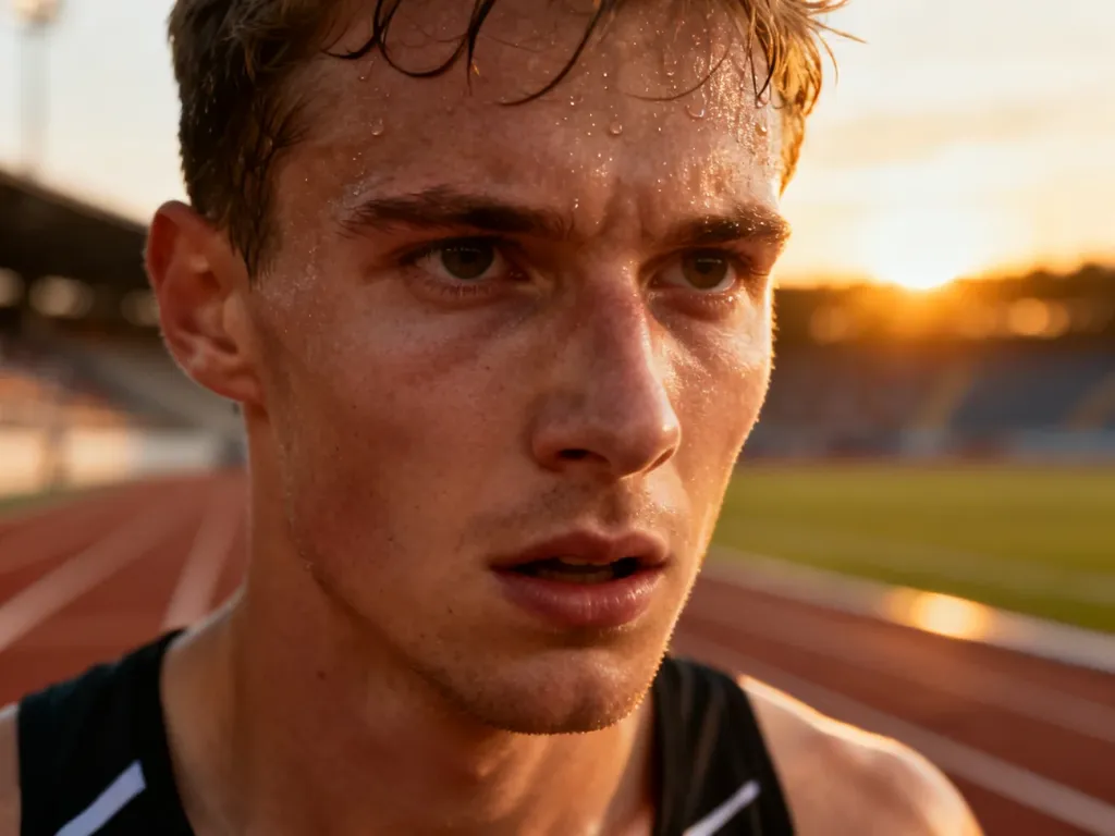 Skupiony sportowiec z kroplami potu na czole na tle rozmytego stadionu w świetle zachodzącego słońca.