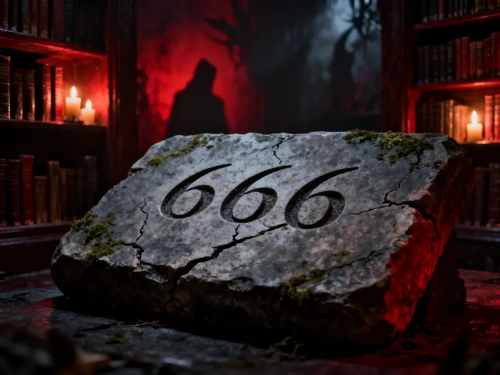 Starożytna kamienna tablica z wyrytym numerem 666 w mrocznej, nastrojowej bibliotece pełnej tajemniczych cieni.