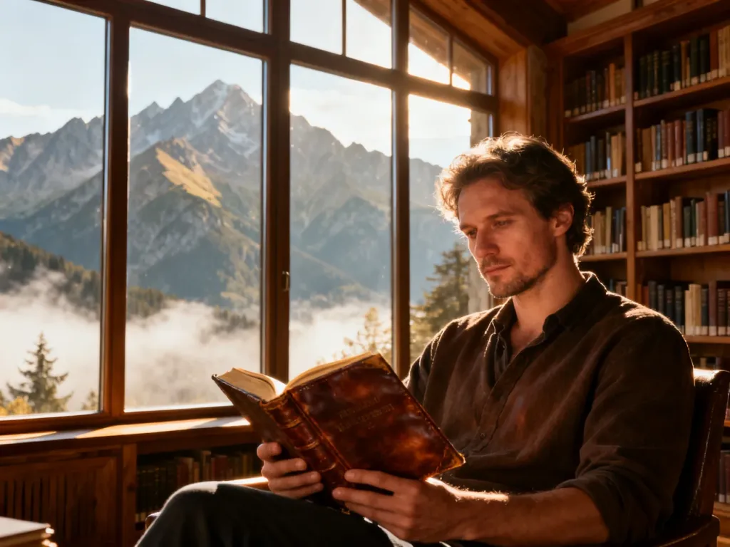 Zamyślony mężczyzna z książką w bibliotece z widokiem na Tatry, oddający refleksyjny charakter twórczości Józefa Tischnera.