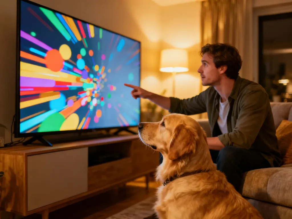 Złoty retriever z uwagą wpatruje się w kolorowe obrazy na ekranie telewizora, podczas gdy właściciel wskazuje mu program.