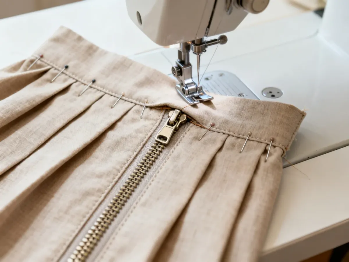 Wszywanie zwykłego zamka zakrytego plisą materiału