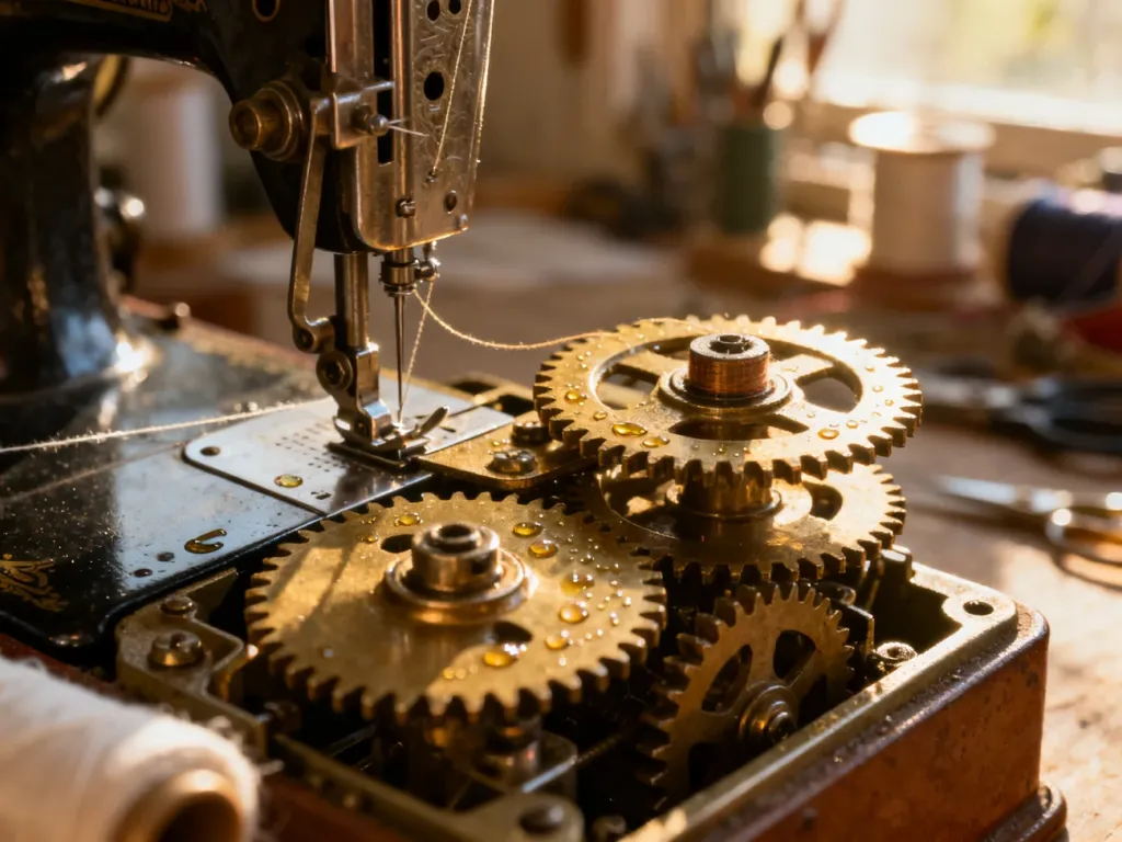 Zbliżenie na metalowe mechanizmy wewnętrzne maszyny do szycia, ukazujące przekładnie i igielnicę w świetle poranka.