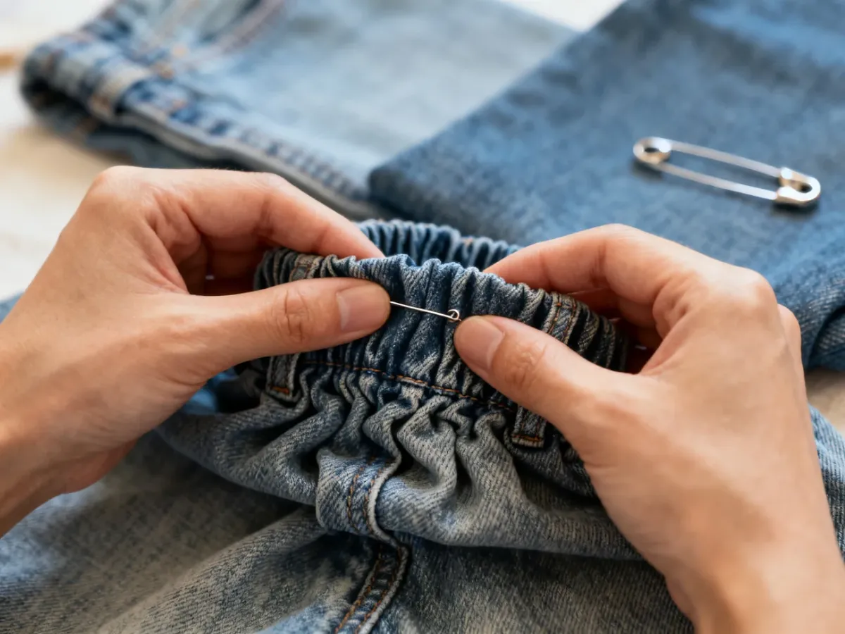 Zbieranie nadmiaru materiału w pasie jeansów za pomocą agrafki