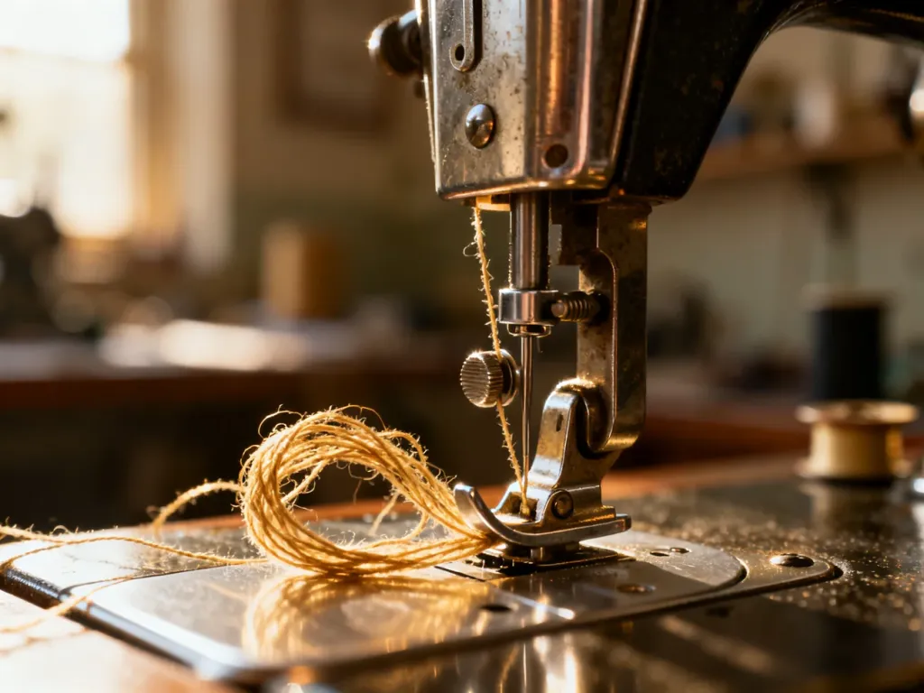 Zbliżenie na mechanizm bębenka i igłę maszyny do szycia z zaplątaną nicią, obrazujące problem z chwytaniem dolnej nitki.
