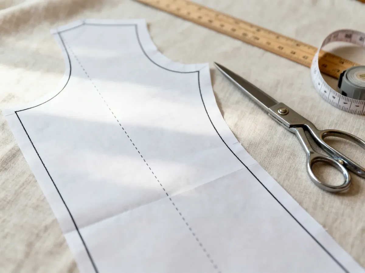 Papierowy wykrój z zaznaczoną linią szycia i linią cięcia
