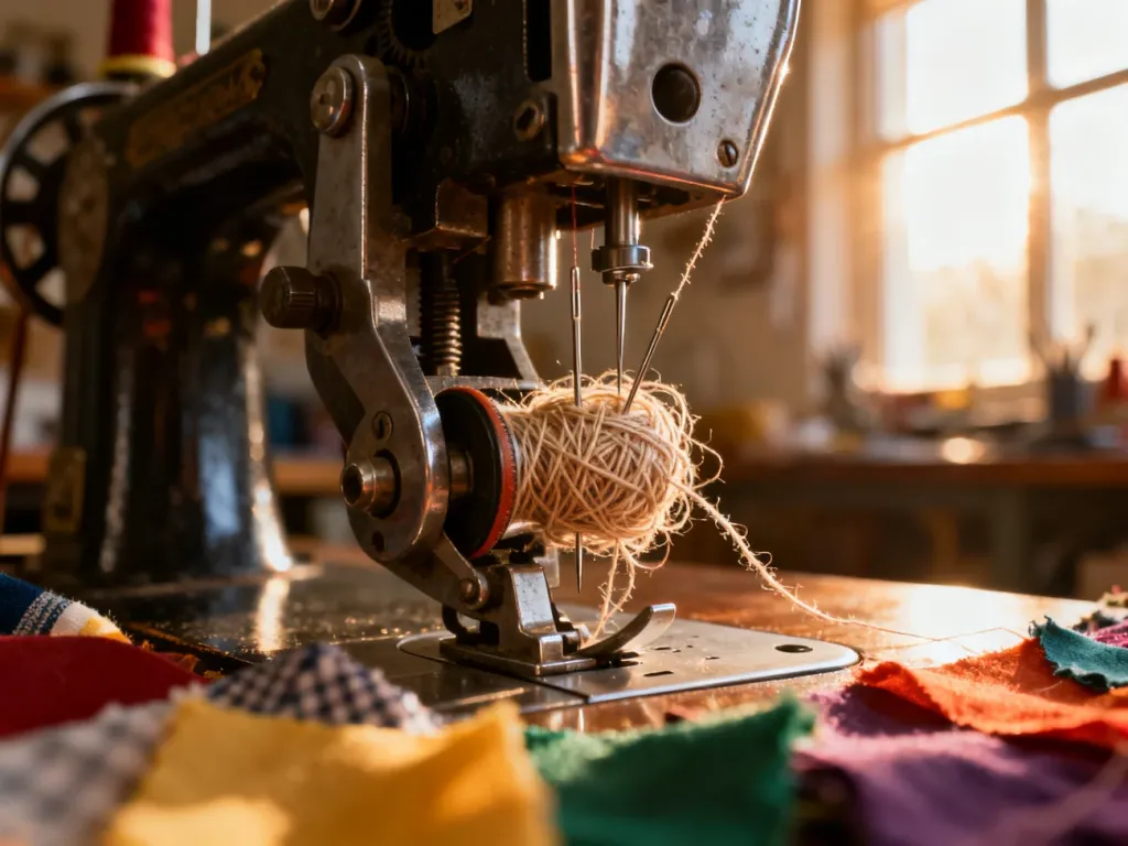 Zbliżenie na mechanizm maszyny do szycia z zaplątaną nicią w bębenku, wymagający naprawy lub udrożnienia.