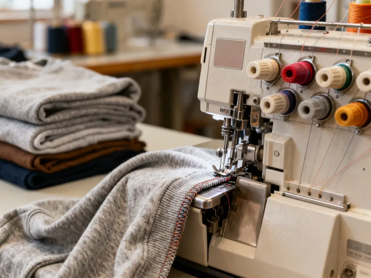 Overlock machine finishing the edge of stretchy fabric