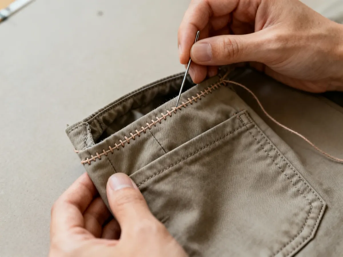 Zszywanie rozprutej kieszeni gęstym ściegiem