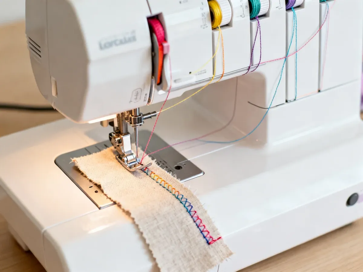 Overlock szyjący próbny ścieg na skrawku materiału